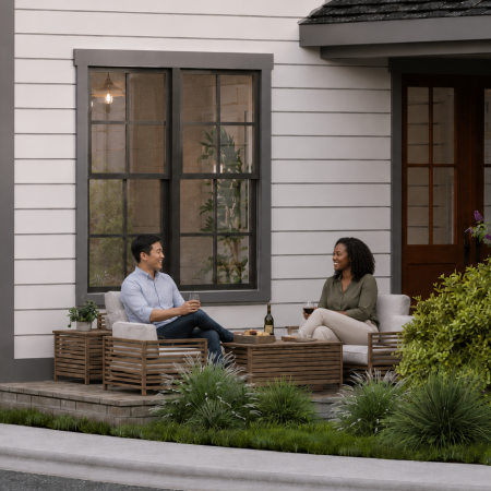 The Lodges of Huntersville A family of four sits together on a couch, one member holding a cell phone while they engage in conversation.