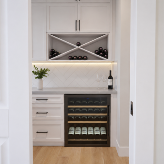 The Lodges of Huntersville A kitchen featuring a sink, stove, and shelves filled with kitchenware and ingredients.