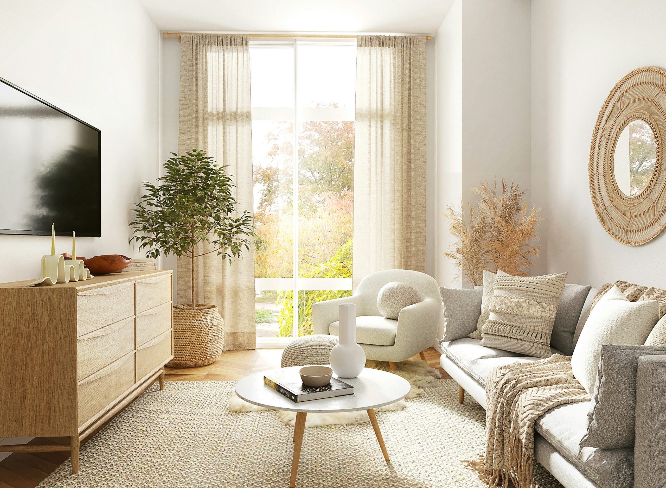 The Lodge of Huntersville A white couch positioned against a plain white wall in a minimalist room setting.