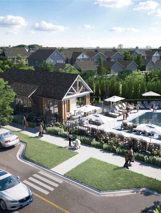 The Lodges of Huntersville Proposed development rendering at the corner of a residential neighborhood, showcasing buildings and landscaping plans.