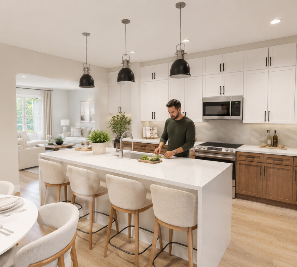 The Lodges of Huntersville A man is chopping vegetables on a kitchen counter, surrounded by various fresh produce and kitchen utensils.