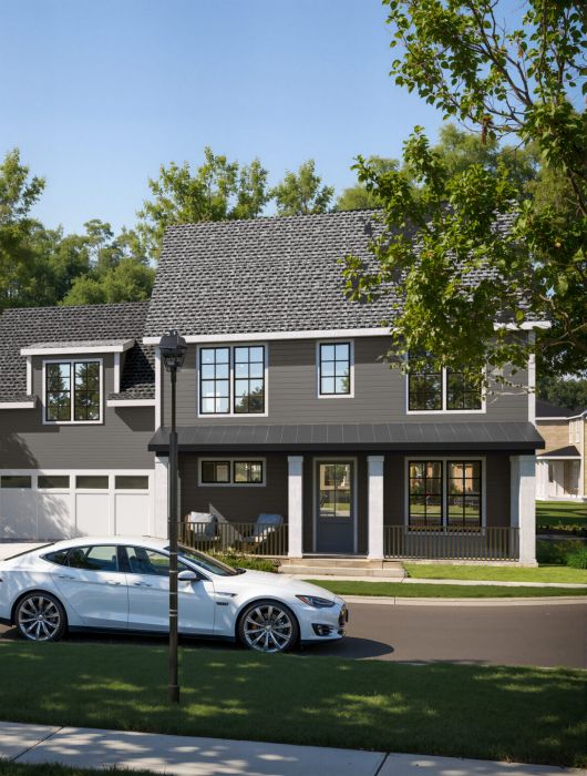 The Lodges of Huntersville Proposed development rendering at the corner of a residential neighborhood, showcasing buildings and landscaping plans.