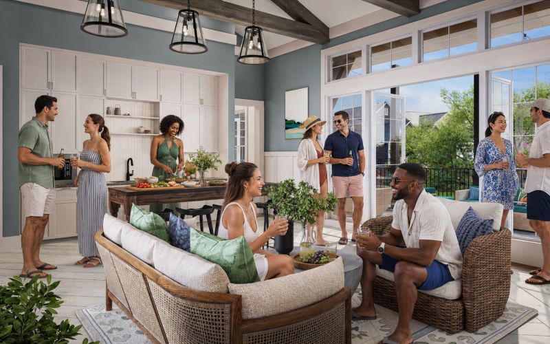 The Lodge of Huntersville. A man and woman cooking together in a kitchen surrounded by pots and pans on the stove and countertops.